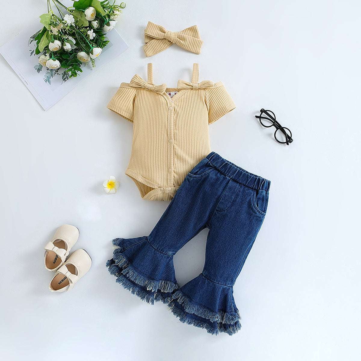 Baby Romper Set, Girls Denim Outfit, Short Sleeve Playsuit - available at Sparq Mart