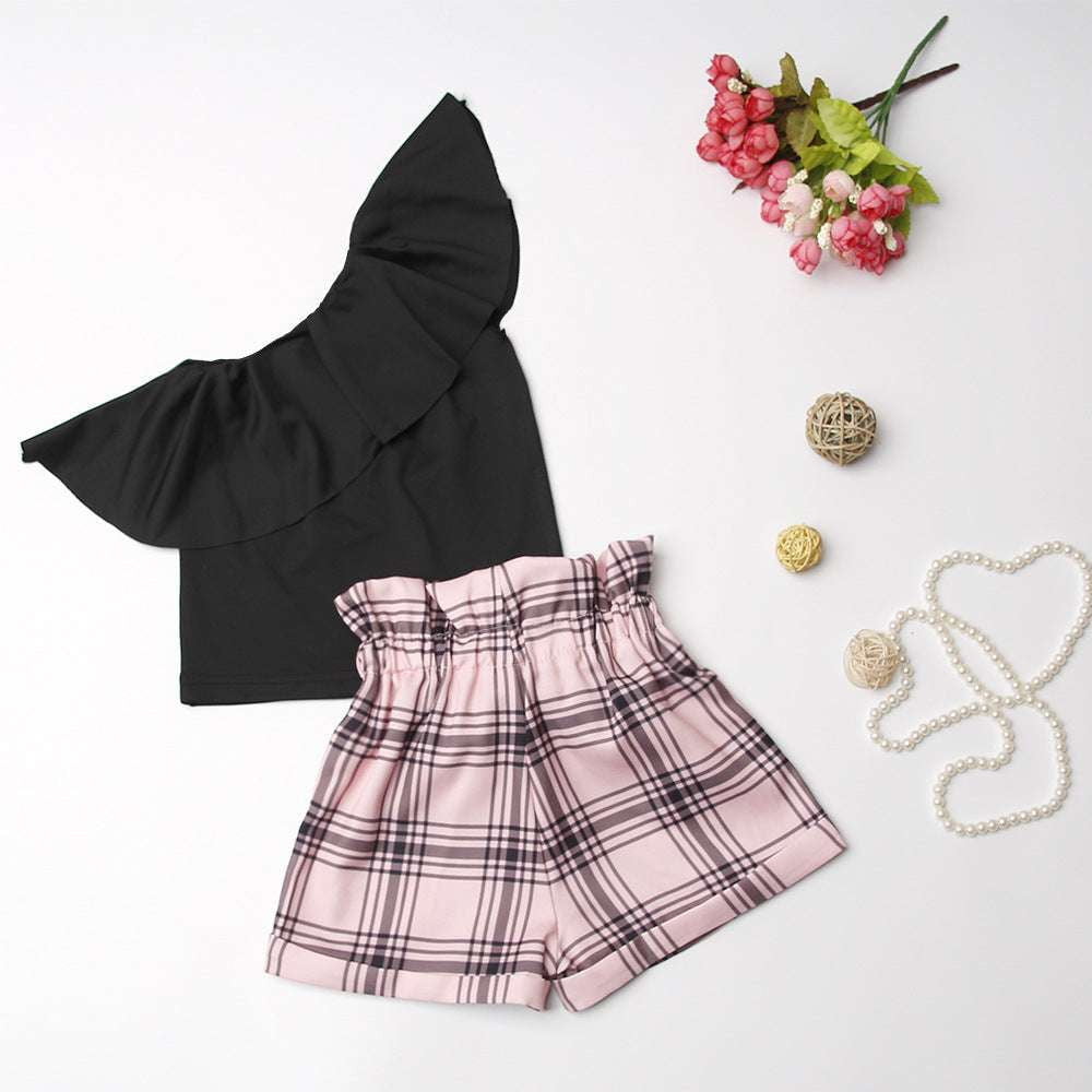 diagonal shoulder top, flower bud shorts, girls plaid outfit - available at Sparq Mart