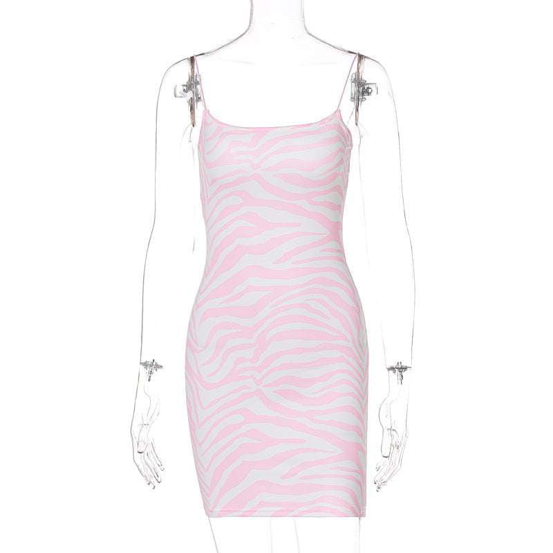 Fashion Print Dress, Pink Party Dress, Slim Sling Dress - available at Sparq Mart