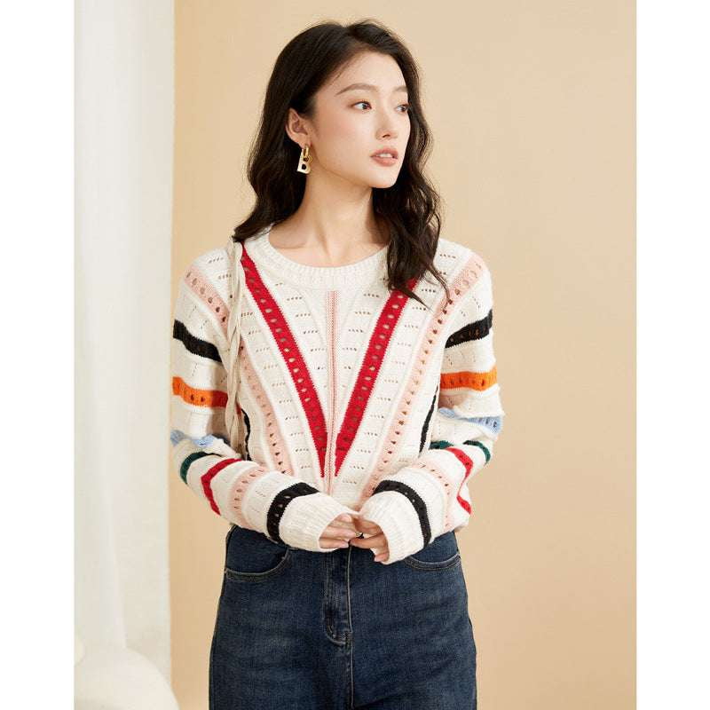 Casual Knit Sweater, Ladies Colorful Top, Women's Striped Pullover - available at Sparq Mart