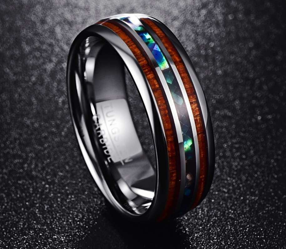 Abalone Shell Jewelry, Acacia Wood Ring, Tungsten Steel Bands - available at Sparq Mart