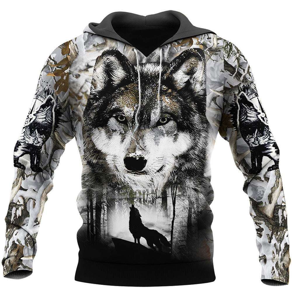 Autumn Sleeve Pullover, Casual Style Hoodie, Wolf Print Sweater - available at Sparq Mart