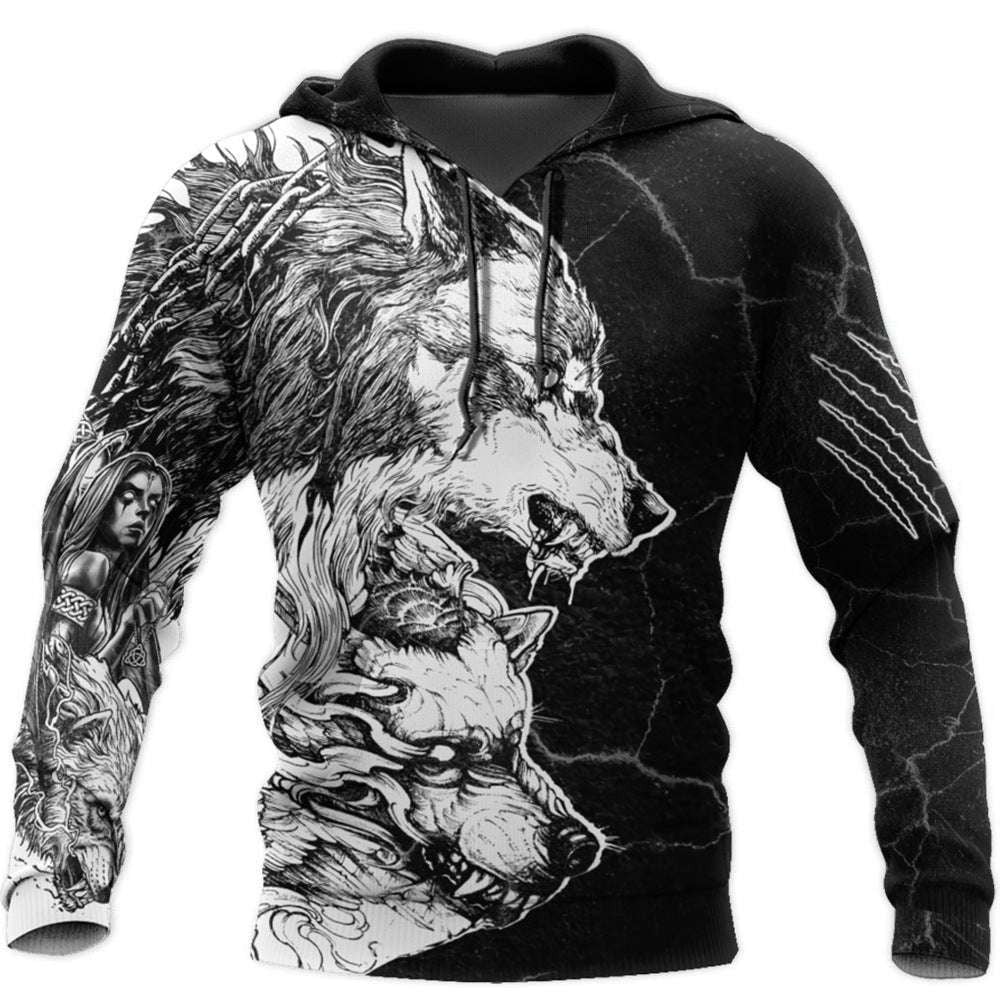 Autumn Sleeve Pullover, Casual Style Hoodie, Wolf Print Sweater - available at Sparq Mart