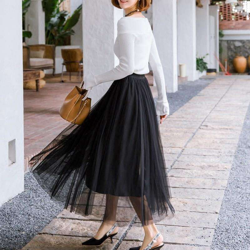 Elegant Midi Skirt, Pleated Mesh Skirt, Urban Casual Skirt - available at Sparq Mart