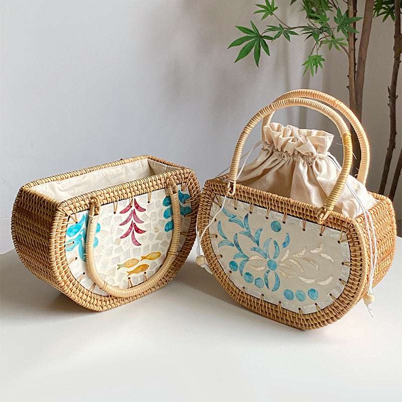 Handmade Picnic Bag, Shell Rattan Storage, Women's Cabas Handbag - available at Sparq Mart