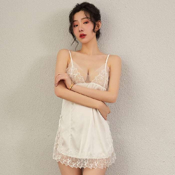 Hollow Strap Nightwear, Lace Silk Nightdress, Sexy Sleepwear Skirt - available at Sparq Mart