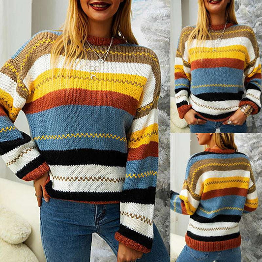 Colorful Sweater Top, Ladies Round Neck, Stripe Stitch Sweater - available at Sparq Mart